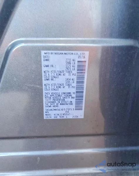 2016 Nissan Pathfinder S z USA, uszkodzony, nr VIN 5N1AR2MN5GC657053